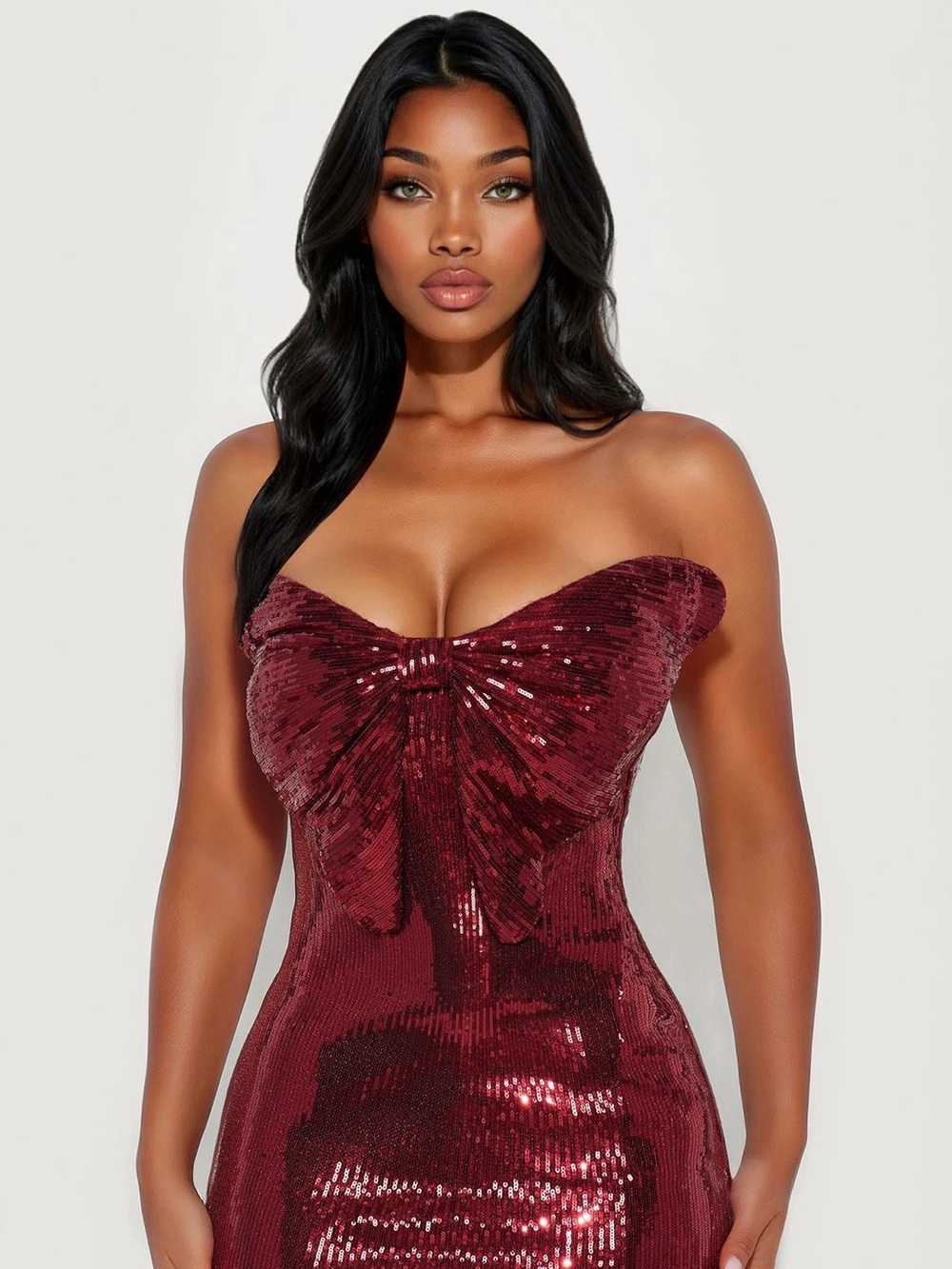 Fashion Nova Strapless Sequin Bow-Front Dress in Burgundy
